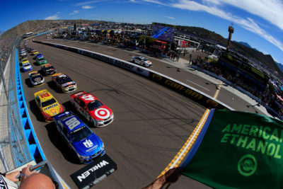 AVONDALE, AZ - NOVEMBER 13: Alex Bowman, driver of the #88 Nationwide Chevrolet, leads the field to the green flag to start the NASCAR Sprint Cup Series Can-Am 500 at Phoenix International Raceway on November 13, 2016 in Avondale, Arizona. (Photo by Chris Trotman/NASCAR via Getty Images)