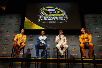 MIAMI BEACH, FL - NOVEMBER 17: (L-R) Joey Logano, driver of the #22 Shell-Pennzoil/AAA Ford, Jimmie Johnson, driver of the #48 Lowe's Chevrolet, Carl Edwards, driver of the #19 Arris Surfboard Toyota, and Kyle Busch, driver of the #18 M&M's Core Toyota talk to the media during media day for the NASCAR Sprint Cup Series Championship at the Loews Hotel on November 17, 2016 in Miami Beach, Florida. (Photo by Chris Trotman/Getty Images)