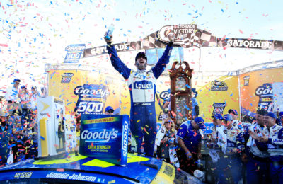 MARTINSVILLE, VA - OCTOBER 30: Jimmie Johnson, driver of the #48 Lowe's Chevrolet, celebrates in Victory Lane after winning the NASCAR Sprint Cup Series Goody's Fast Relief 500 at Martinsville Speedway on October 30, 2016 in Martinsville, Virginia. (Photo by Chris Trotman/NASCAR via Getty Images)