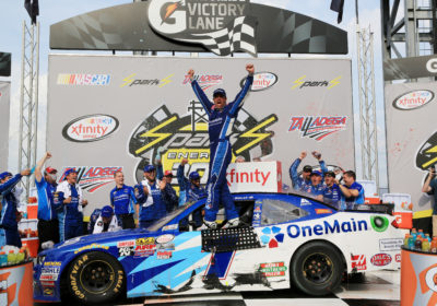 TALLADEGA, AL - APRIL 30:  Elliott Sadler, driver of the #1 OneMain Chevrolet, celebrates in Victory Lane after winning the NASCAR XFINITY Series Sparks Energy 300 at Talladega Superspeedway on April 30, 2016 in Talladega, Alabama.  (Photo by Jerry Markland/Getty Images)