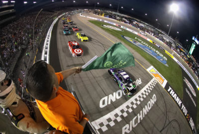 RICHMOND, VA - SEPTEMBER 10: Denny Hamlin, driver of the #11 FedEx Ground Toyota, leads the field to the green flag to start the NASCAR Sprint Cup Series Federated Auto Parts 400 at Richmond International Raceway on September 10, 2016 in Richmond, Virginia. (Photo by Chris Graythen/NASCAR via Getty Images)