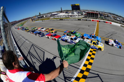 TALLADEGA, AL - OCTOBER 22: Cole Custer, driver of the #00 OneMain Chevrolet, leads the field past the green flag to start the NASCAR Camping World Truck Series fred's 250 at Talladega Superspeedway on October 22, 2016 in Talladega, Alabama. (Photo by Robert Laberge/NASCAR via Getty Images)