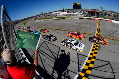TALLADEGA, AL - OCTOBER 23: Martin Truex Jr, driver of the #78 Bass Pro Shops/TRACKER Boats Toyota, leads the field pass the green flag to start the NASCAR Sprint Cup Series Hellmann's 500 at Talladega Superspeedway on October 23, 2016 in Talladega, Alabama. (Photo by Robert Laberge/NASCAR via Getty Images)