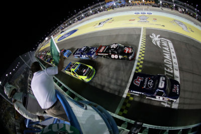 HOMESTEAD, FL - NOVEMBER 18: William Byron, driver of the #9 Liberty University Toyota, leads the field past the green flag to start the NASCAR Camping World Truck Series Ford EcoBoost 200 at Homestead-Miami Speedway on November 18, 2016 in Homestead, Florida. (Photo by Sean Gardner/NASCAR via Getty Images)