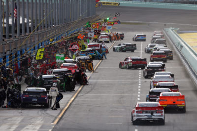 HOMESTEAD, FL - NOVEMBER 19: Cars pit during the NASCAR XFINITY Series Ford EcoBoost 300 at Homestead-Miami Speedway on November 19, 2016 in Homestead, Florida. (Photo by Jerry Markland/Getty Images)
